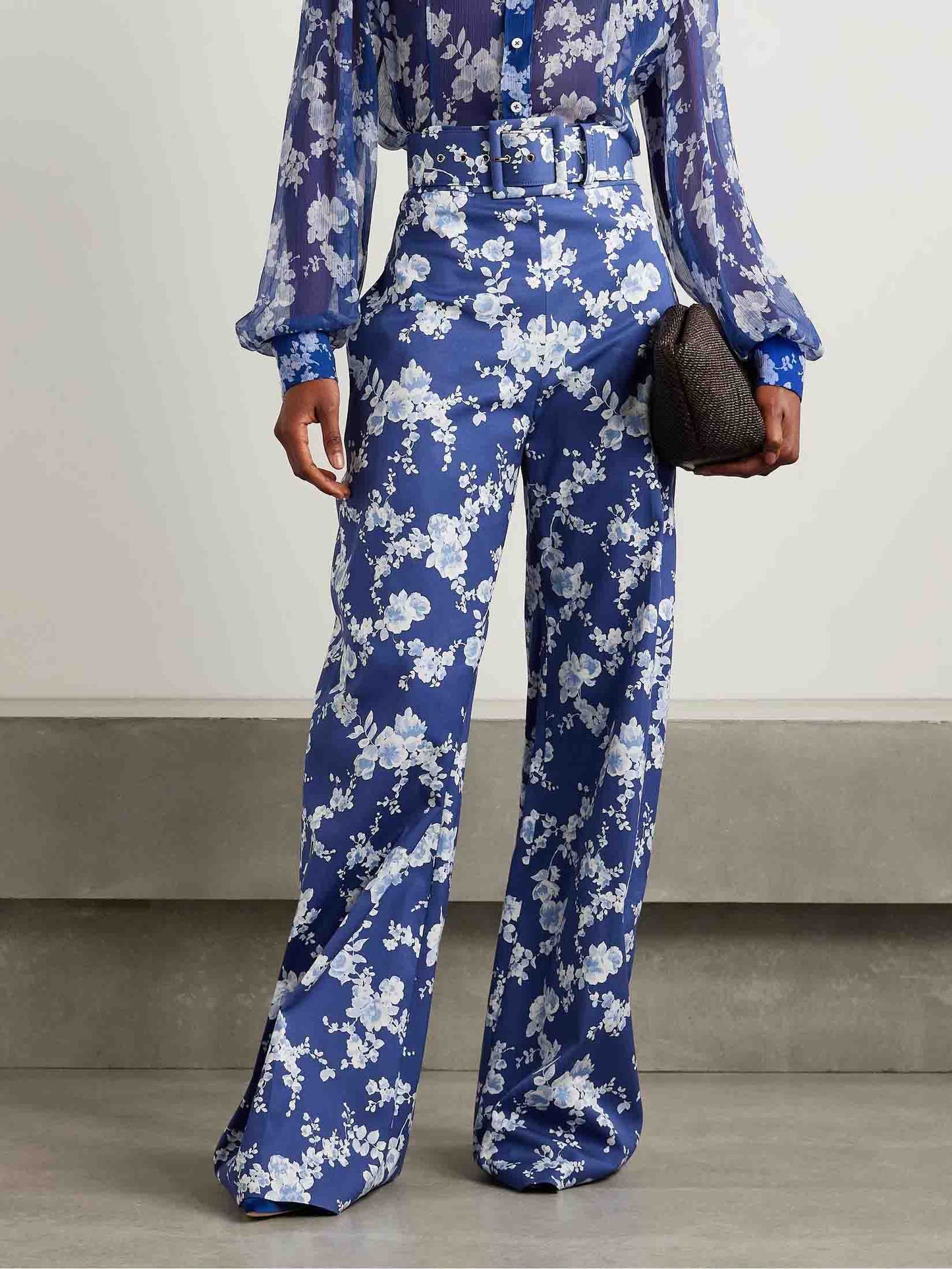 Exquisite Floral Print Twill Wide-leg Pants Blue