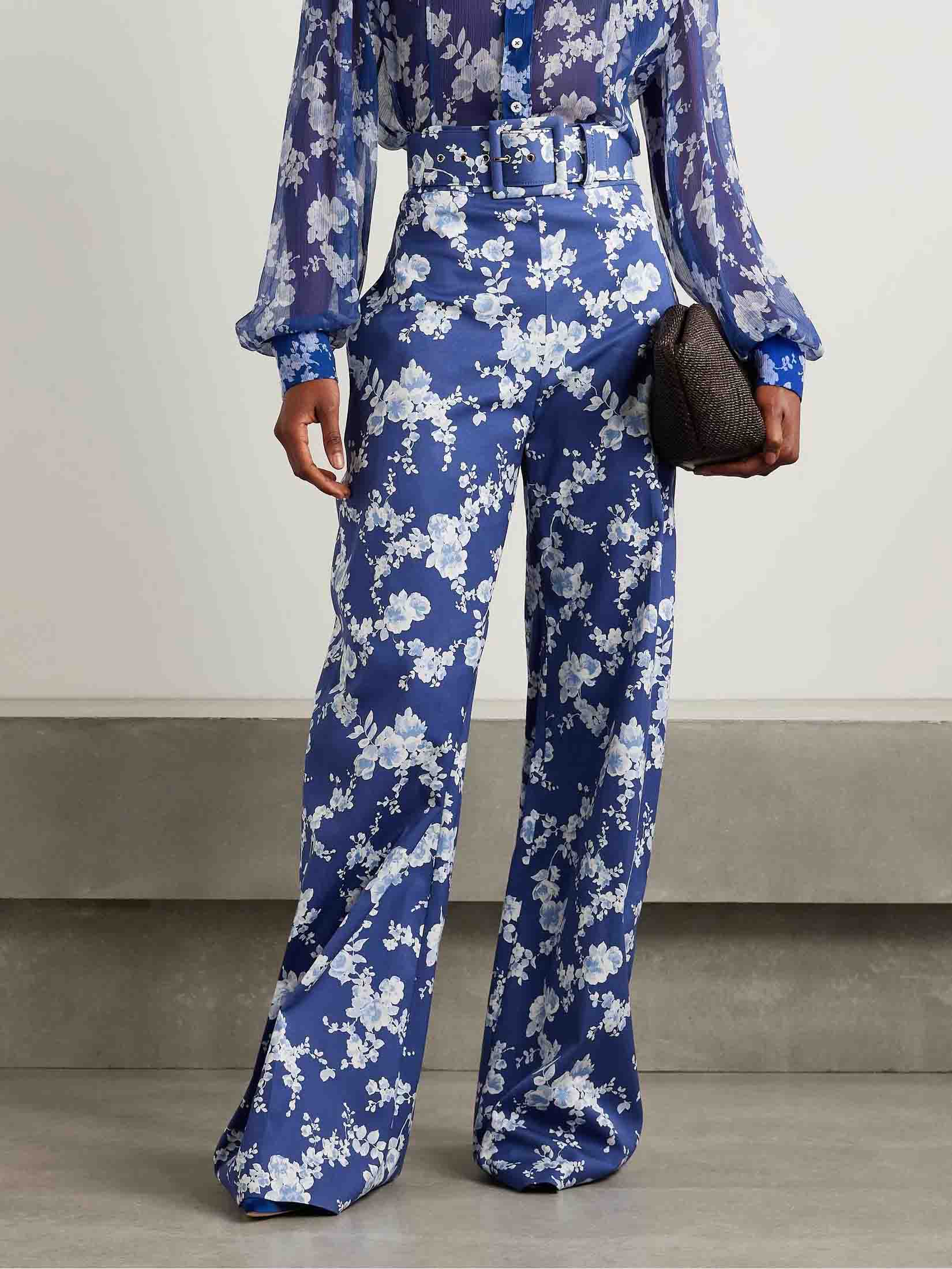 Exquisite Floral Print Twill Wide-leg Pants Blue