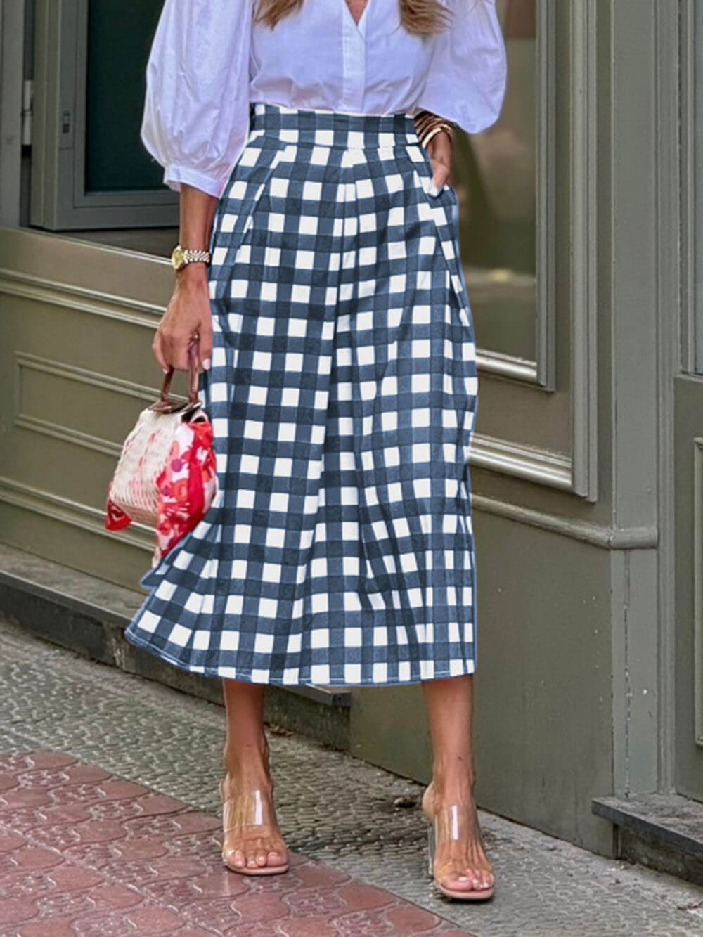 Casual Plaid Print Loose High Waist Maxi Skirt Blue