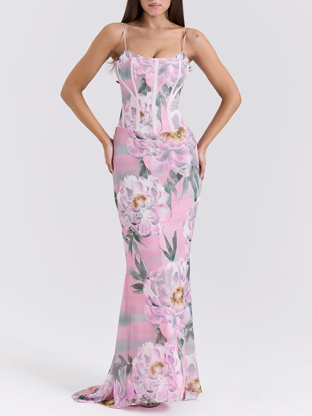 Retro Pink Floral Print Corset Maxi Dress Pink