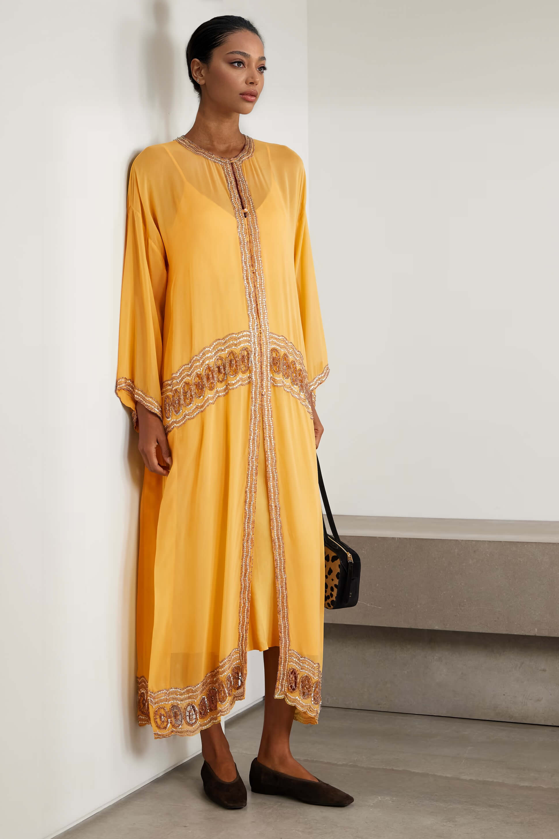 Elegant Fashion Sequin-Trim Sheer Maxi Robe Dress Orange