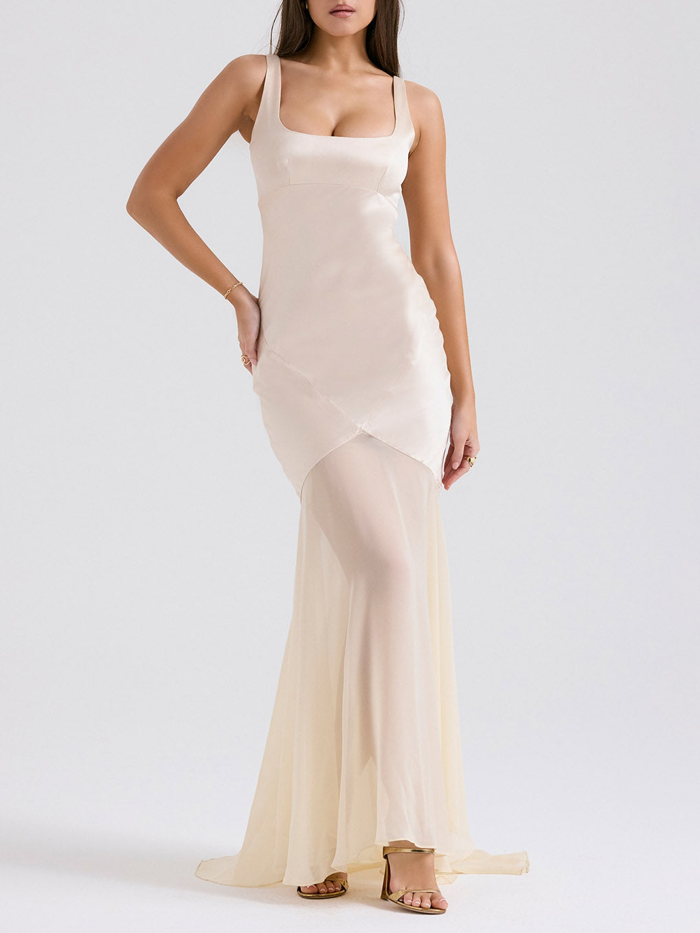 Elegant Square Neck Chiffon Floor-Length Maxi Dress Light Apricot