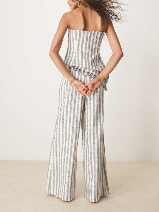 Casual Wrap-around Collar Vertical Stripes Small Tassel Tank Top