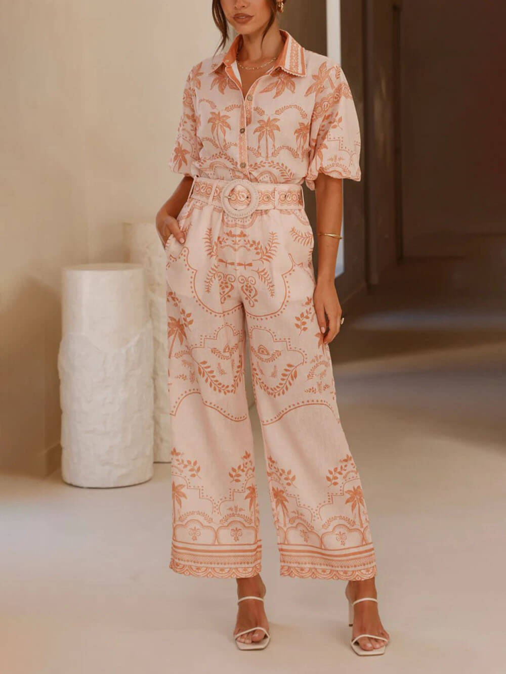 Casual Temperament Printed Linen Short-Sleeved Top With Belt And Straight Pants Set Pink