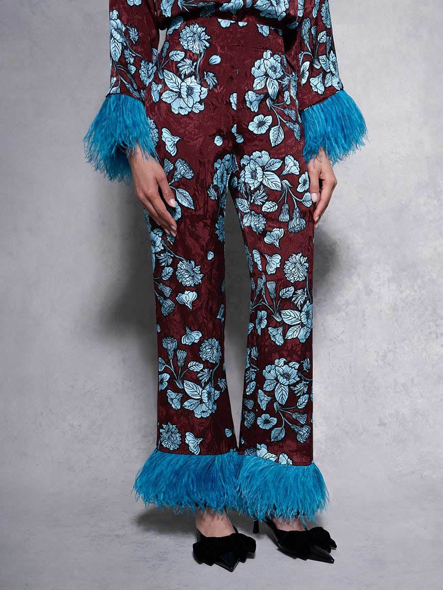 Retro Floral Print Satin Feather Sleeve Shirt Red Pants