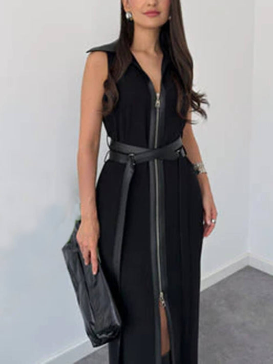 Retro Fashion Black Lace-up Zipper Maxi Dress