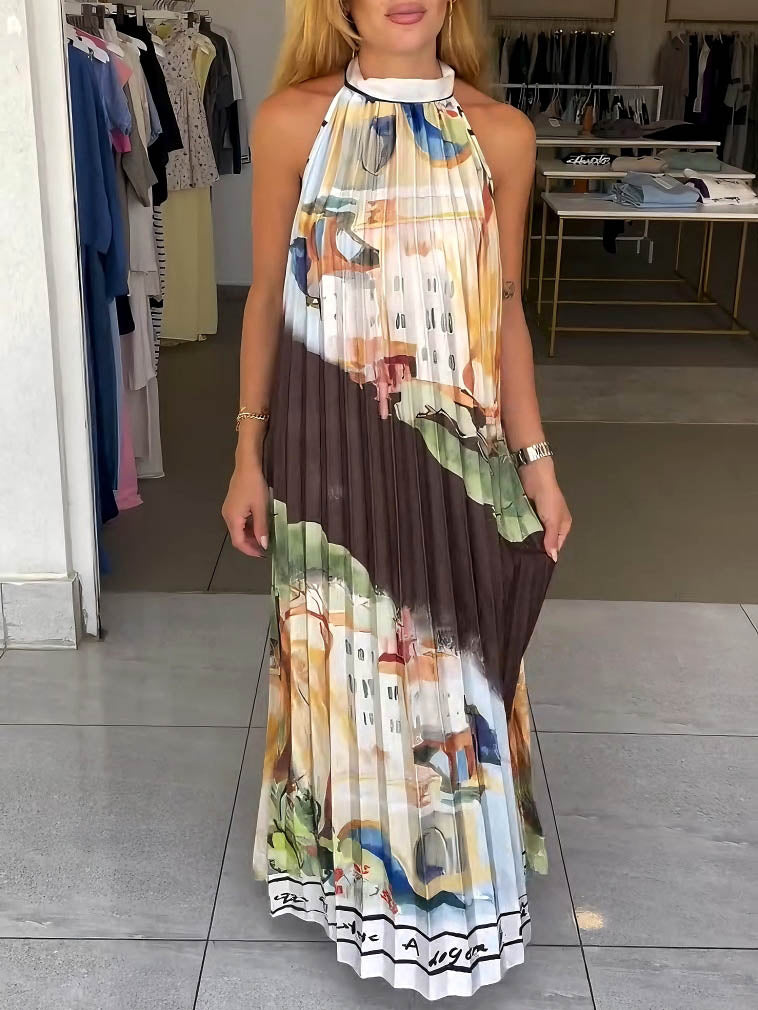 Unique Abstract Landscape Print Pleated Maxi Dress Brown