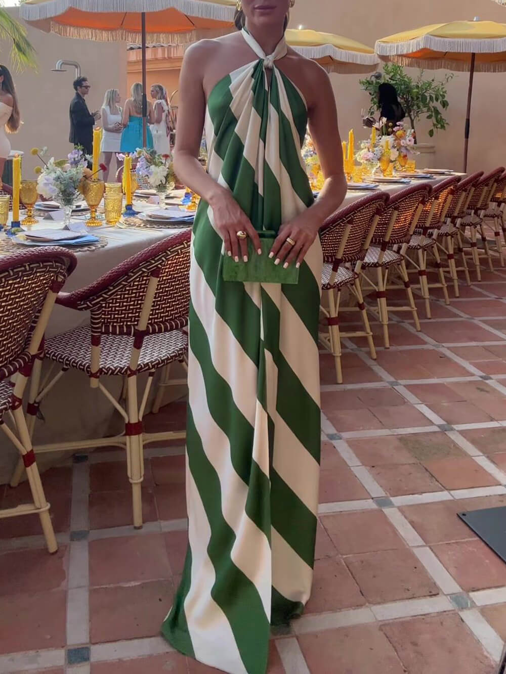 Exquisite Striped Print Halter Neck Backless Maxi Dress Green