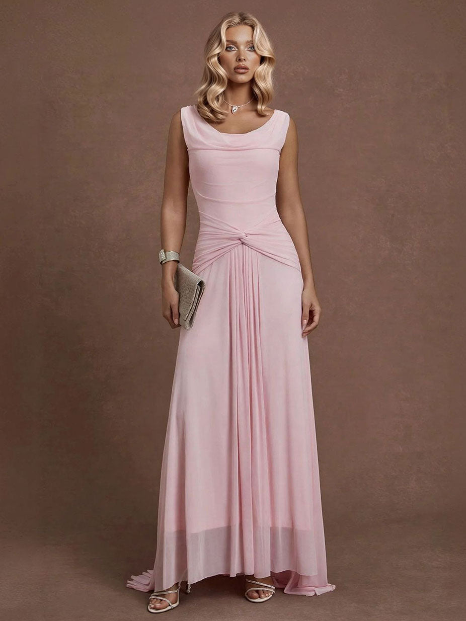 Elegant Pleated Twist-Front High-Slit Maxi Dress Pink