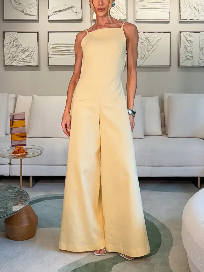 Exquisite Halter Neck Backless Jumpsuit Light Yellow