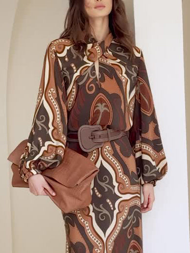Retro Tung Palm Tree Print Long-sleeved Shirt Brown