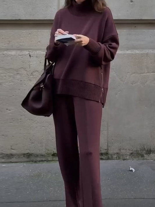 Classic Double Soft Turtleneck Side Zipper Sweatshirt and Elastic Waist Pocketed Loose Pants Set
