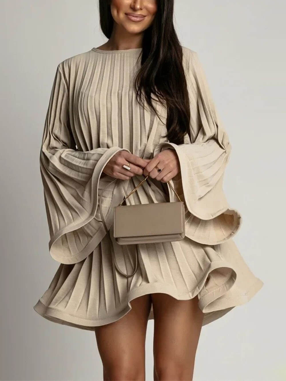 Elegant Round Neck Bell Sleeve Tie-Waist Ruched Mini Dress Khaki