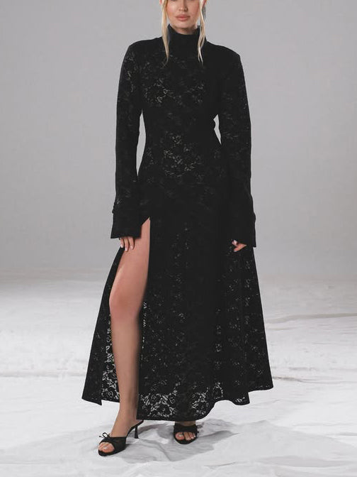 Elegant High-neck Lace Robe & Trousers Two-piece Set Black Dress