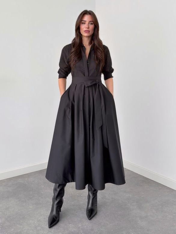 Elegant Long-Sleeve Tie-Waist Shirt Midi Dress Black
