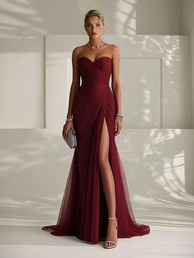 Elegant Strapless Pleated Tulle Maxi Dress Red