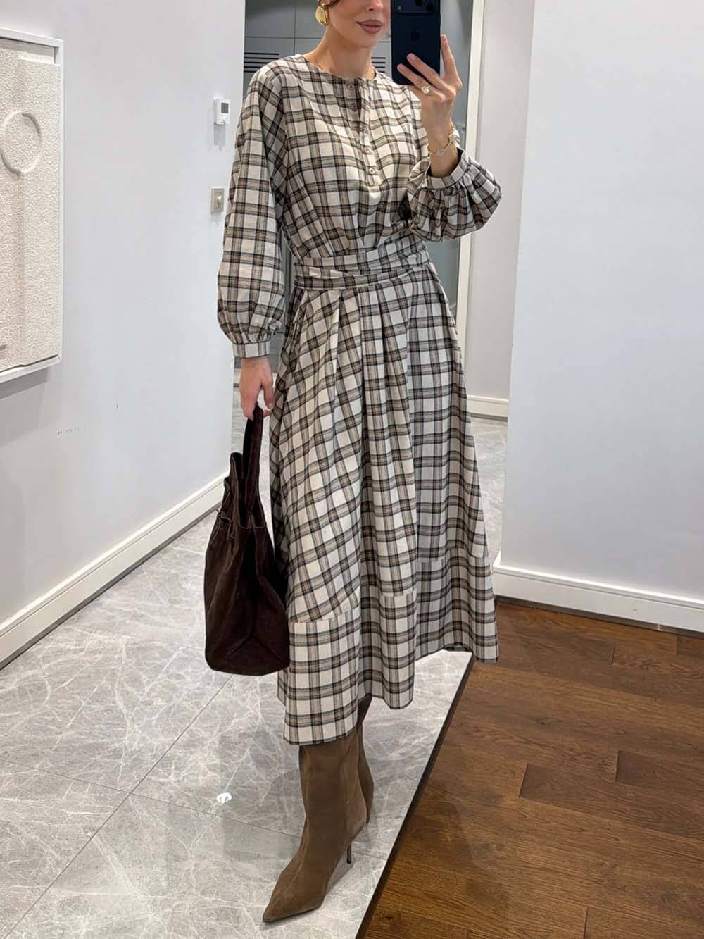Retro Plaid Print Belted Midi Dress Light Brown