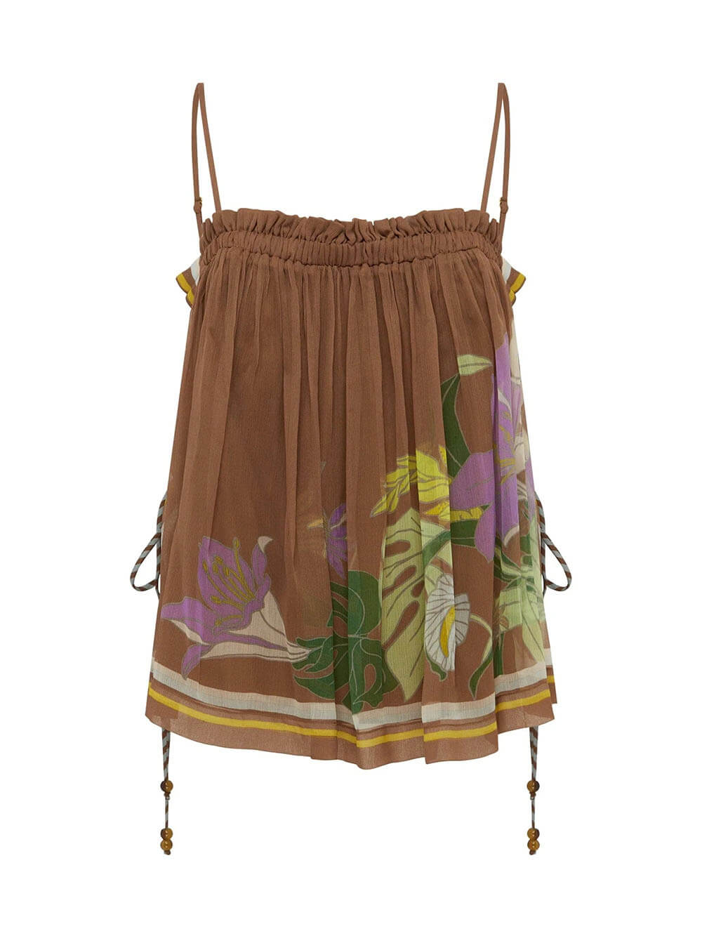Delicate Ruffle Printed Ruched Adjustable Straps Camisole Top