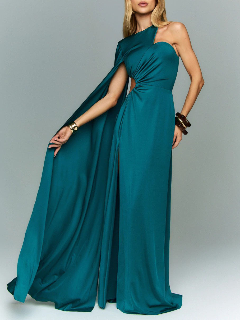 Sexy One-Shoulder Cutout Slit Maxi Dress Blue