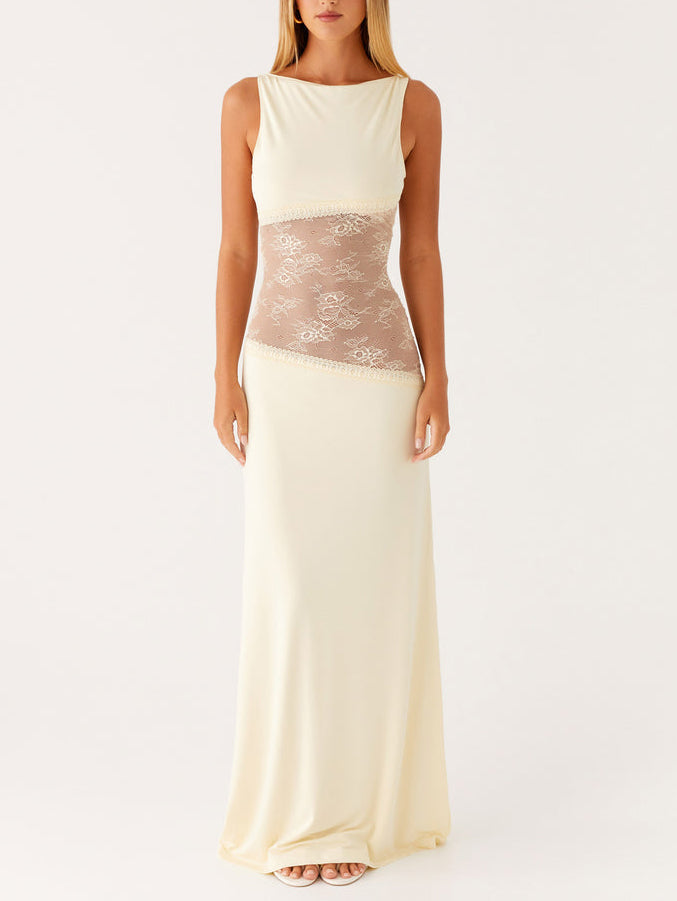 Elegant Sleeveless Boat Neck Black Lace Maxi Dress Yellow