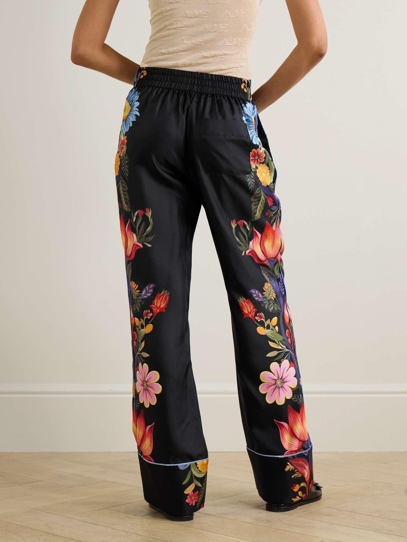 Exquisite Satin Floral Print Contrast Piping Wide-Leg Pants