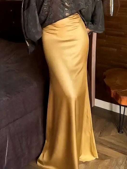 Elegant High-Waist Satin Maxi Skirt Yellow