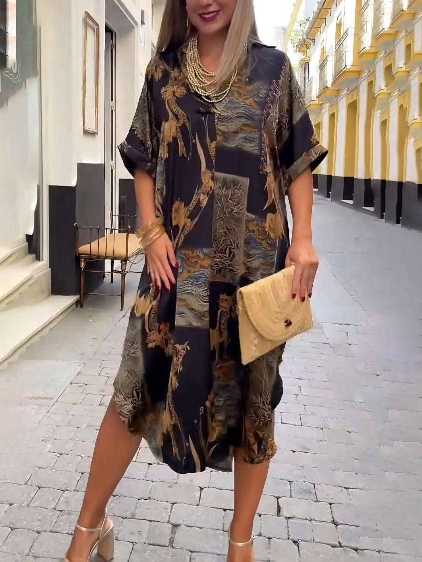 Retro Satin Print V-Neck Shirt Midi Dress Black