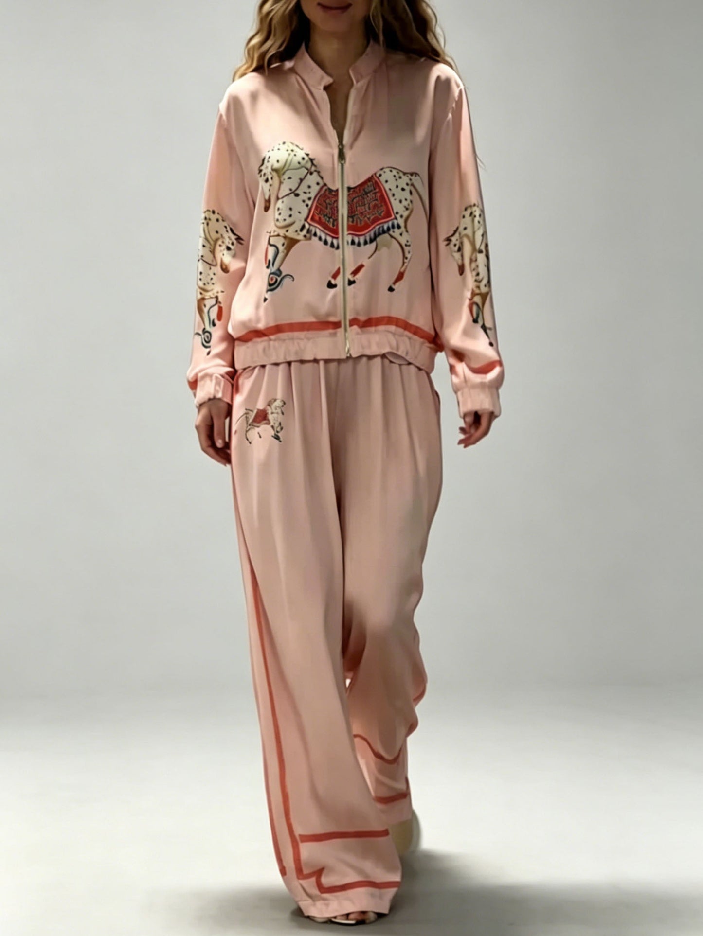 Exquisite Satin Horse Print Zip Jacket & Wide-Leg Pants Two-Piece Set Pink Set