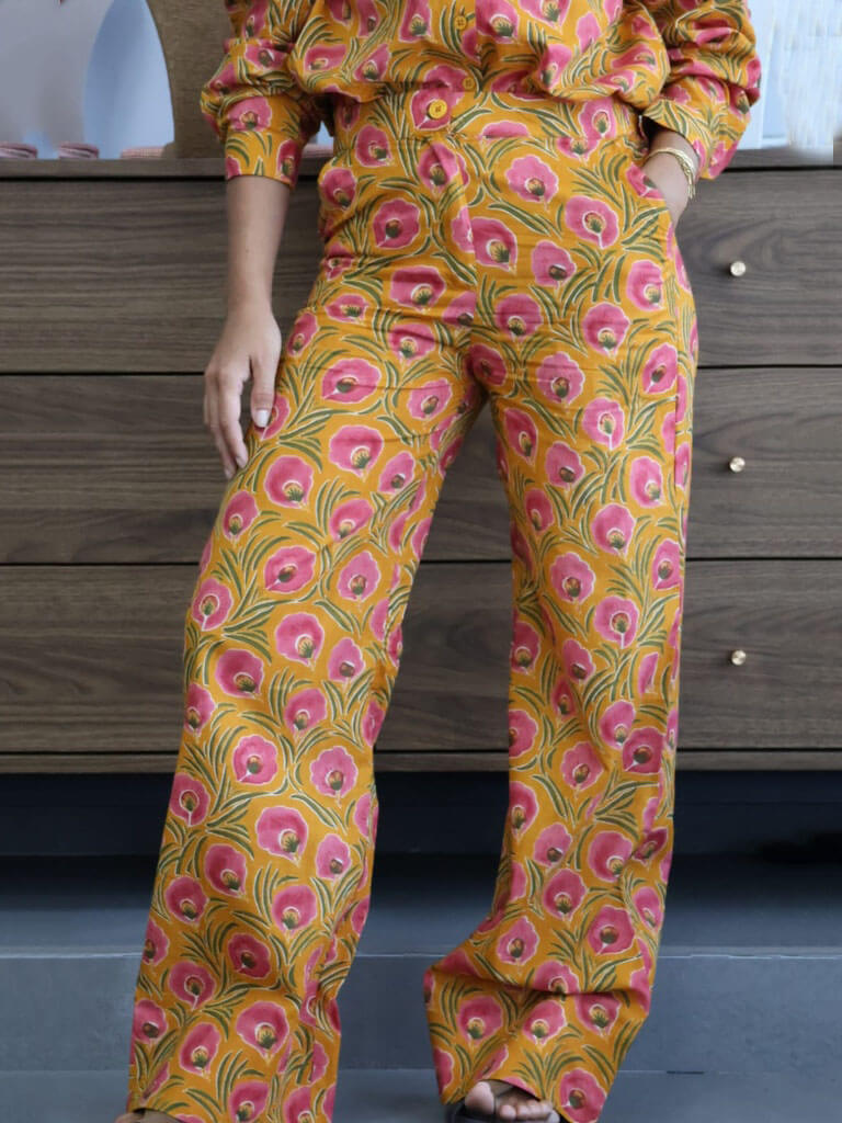 Unique Floral Print Mustard High-Waisted Straight-Leg Pants Yellow