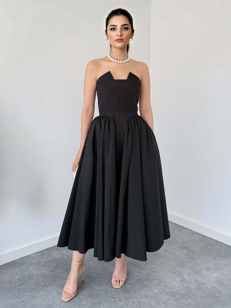 Elegant Strapless A-line Party Midi Dress Black