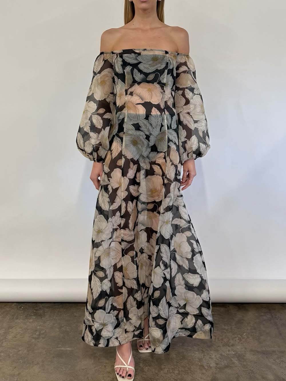 Elegant Off-Shoulder Printed Puff Sleeve Maxi Dress Multicolor