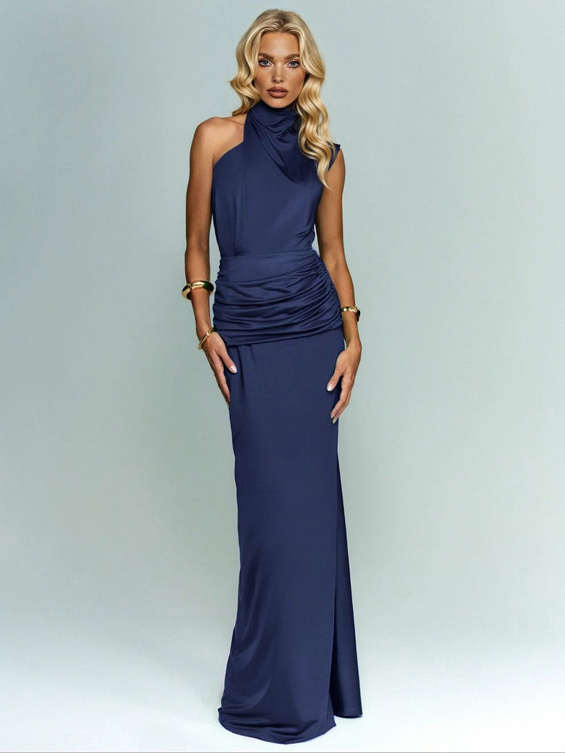 Elegant Asymmetrical Neckline Pleated Maxi Dress Dark Blue