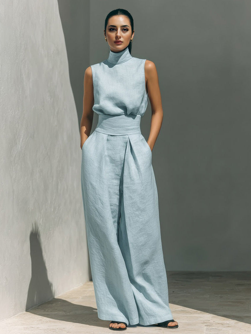 Elegant Linen High-Neck Top & Wide-Leg Pants Two-Piece Set Blue