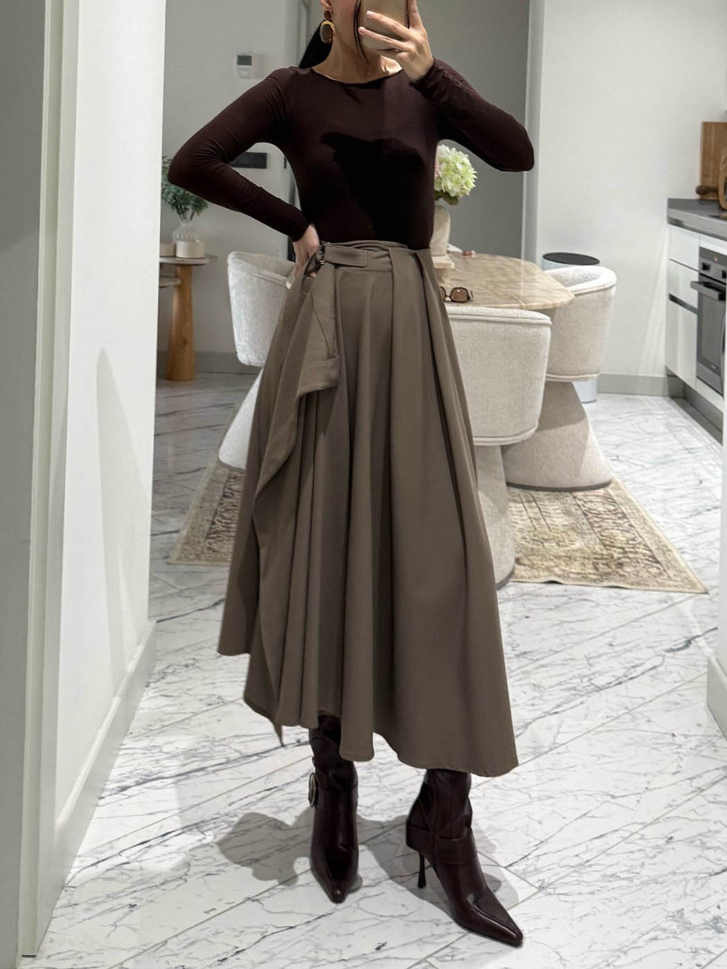 Exquisite Pleated Flared Midi Skirt Two-Piece Set Khaki Set
