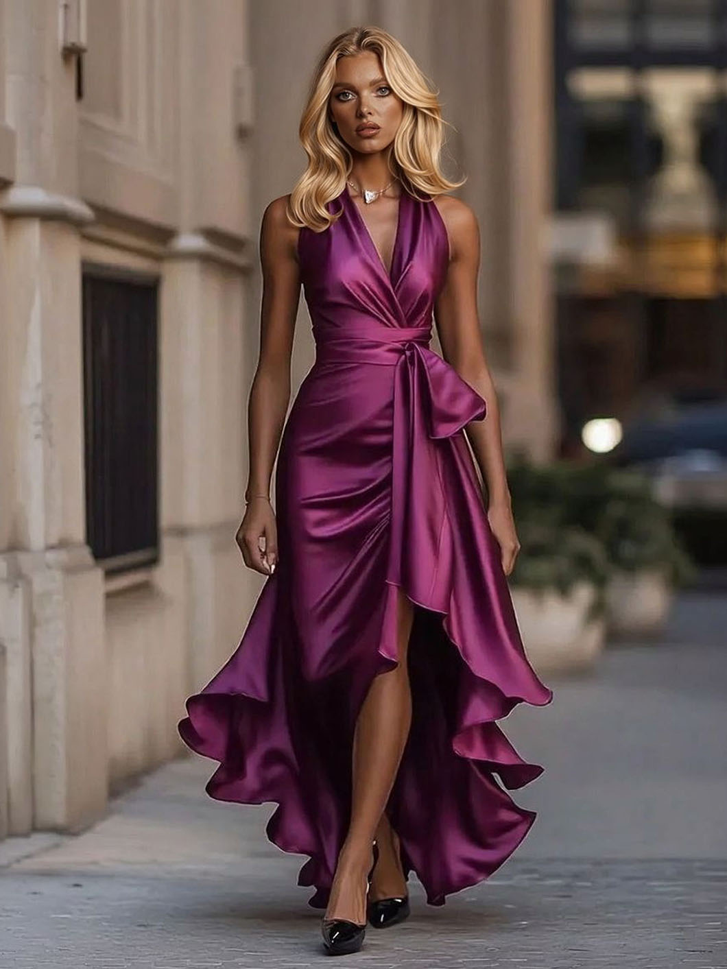 Elegant Satin Sleeveless Ruffle Wrap Maxi Dress Magenta