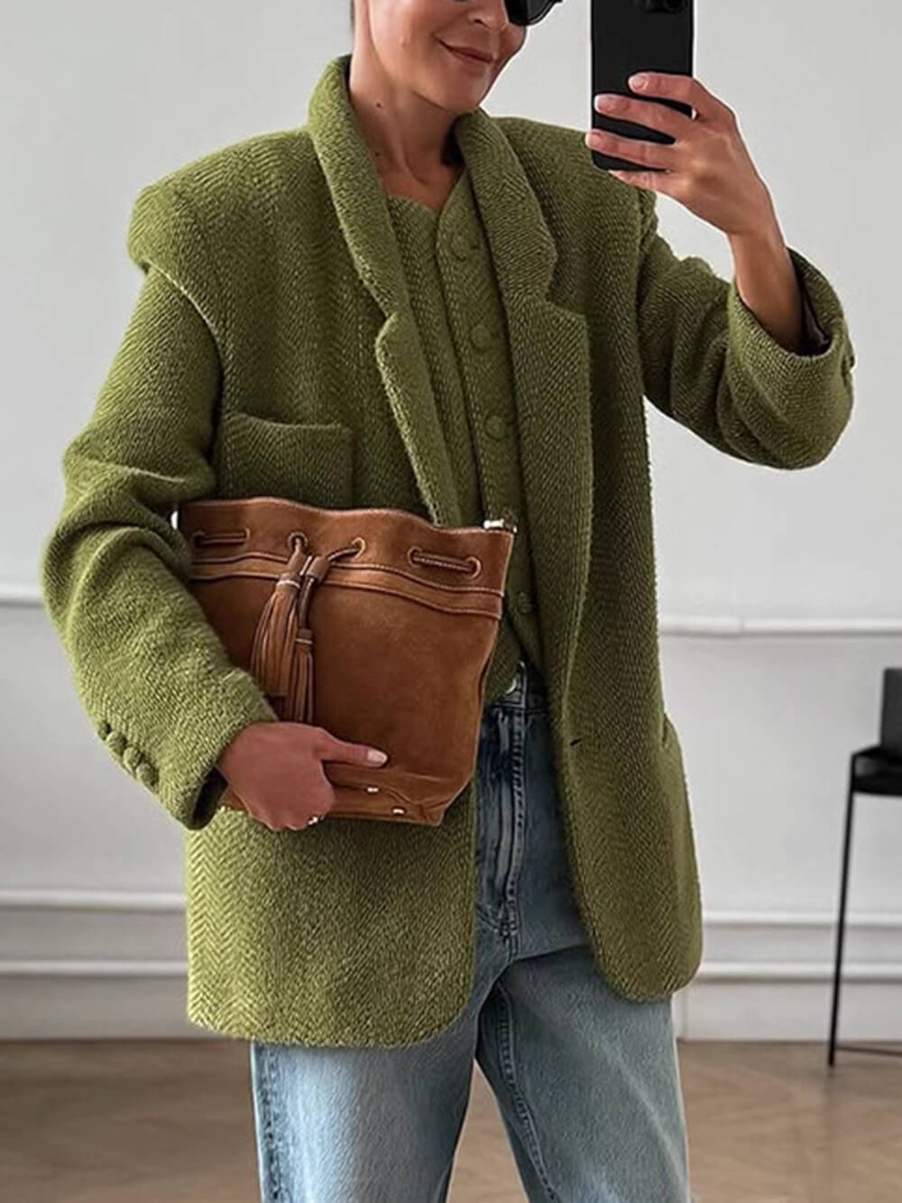 Fashion Lapel Design Collared Solid Color Loose Blazer Green