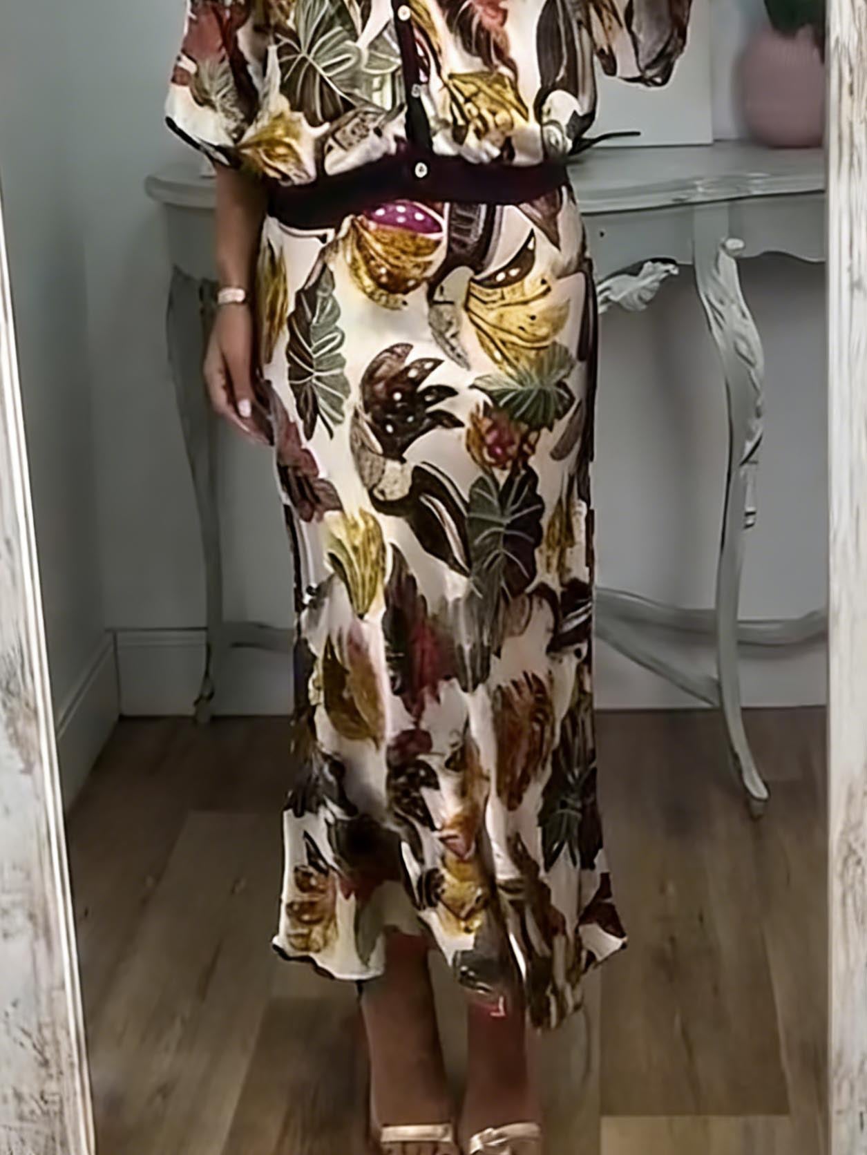 Retro Jungle Palm Leaf Satin Print Batwing Sleeve Shir Brown Skirt
