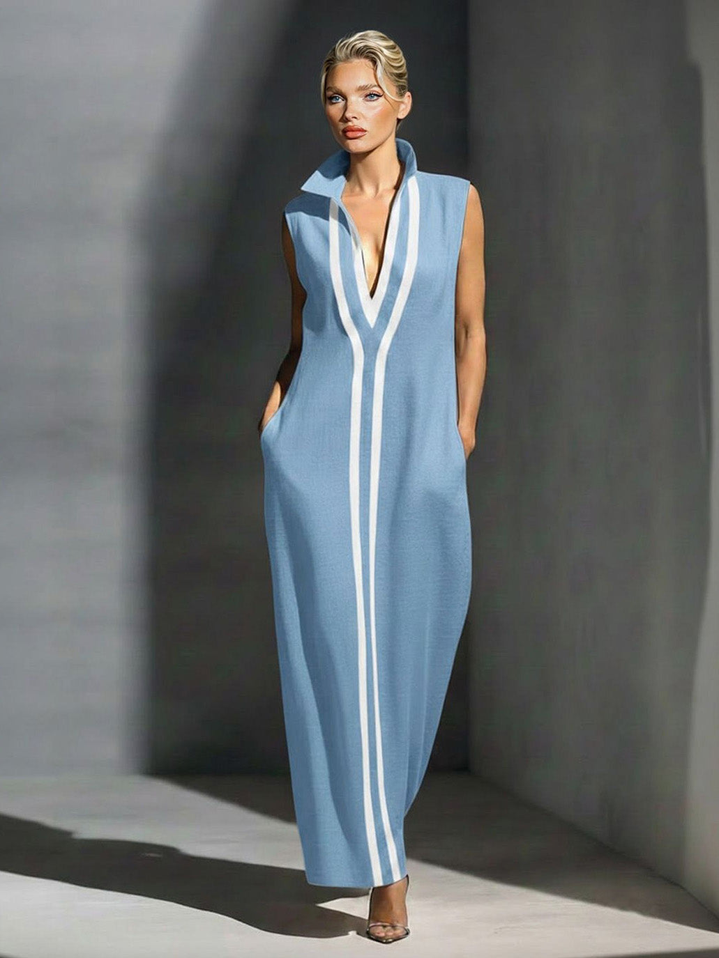 Elegant Sleeveless Deep V-Neck Contrast-Trim Maxi Dress Blue