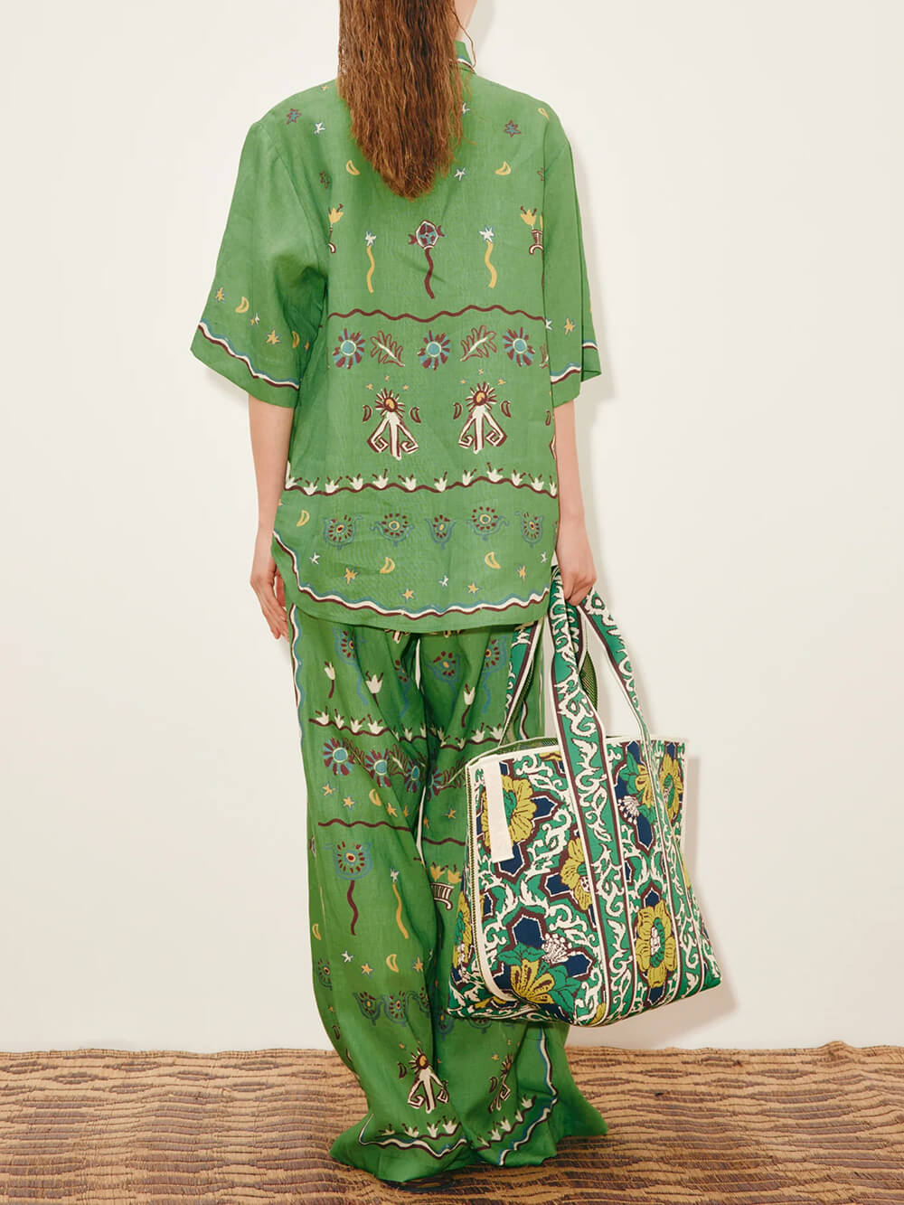 Unique Casual Sunny Dancer Print Button-Up Shirt Fitted Waist Loose Wide-Leg Pants Set