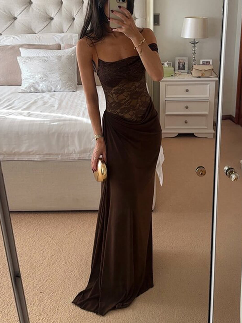 Sexy and Delicate Off-the-Shoulder Lace Panel Maxi Dress Brown