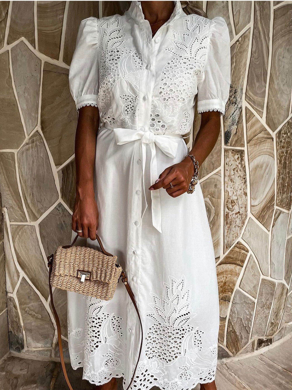 Exquisite Lace Stitching Hollow Waist Wide Swing Dress White