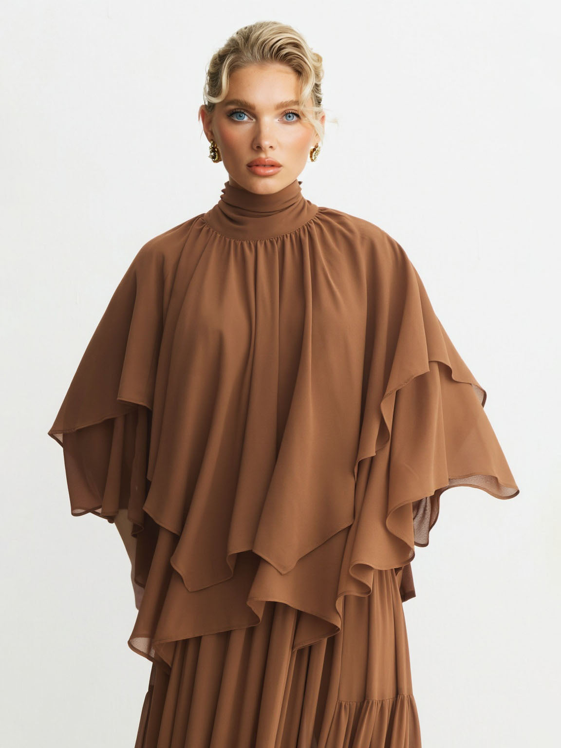 Elegant Chiffon Cape Top And Tiered Maxi Skirt Two-Piece Set Brown Top