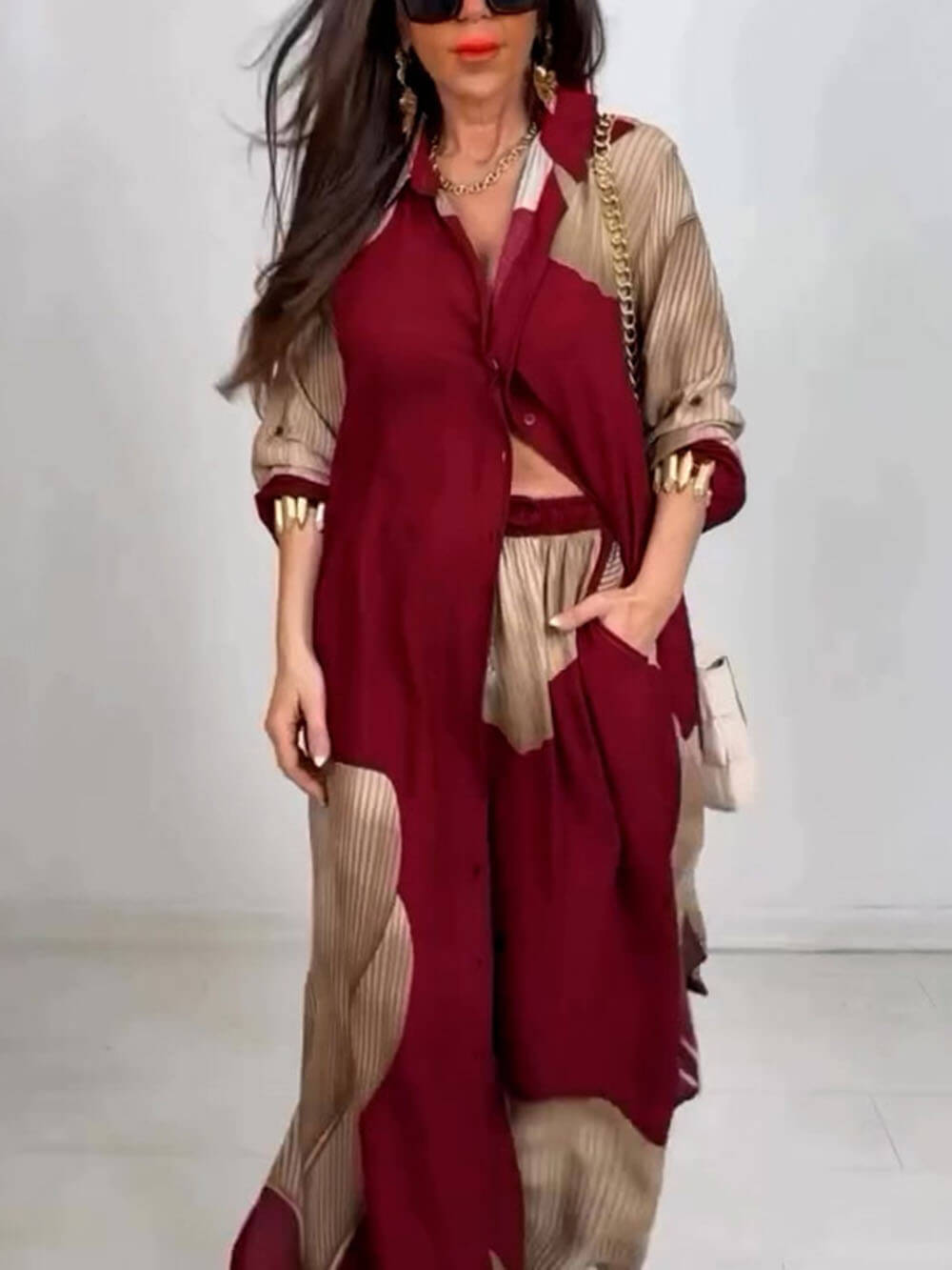 Elegant Loose Printed Midi Top Wide Leg Pants Set Red