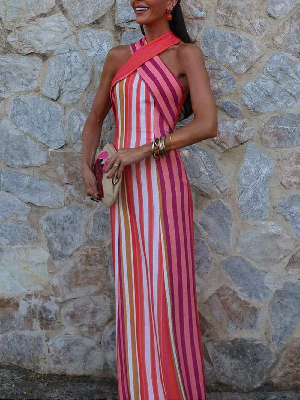 Summer Sunset Samba Cross-Strap Striped Maxi Dress Red