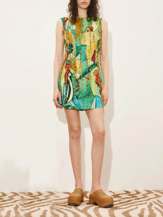 Exquisite Printed Straight Neck Fringe Mini Dress