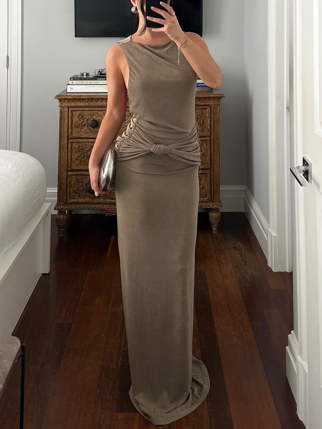 Unique Draped Back Pleated Maxi Dress Gray
