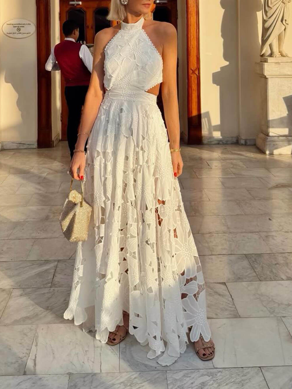 Exquisite Lace Crochet Backless Tie Maxi Dress White