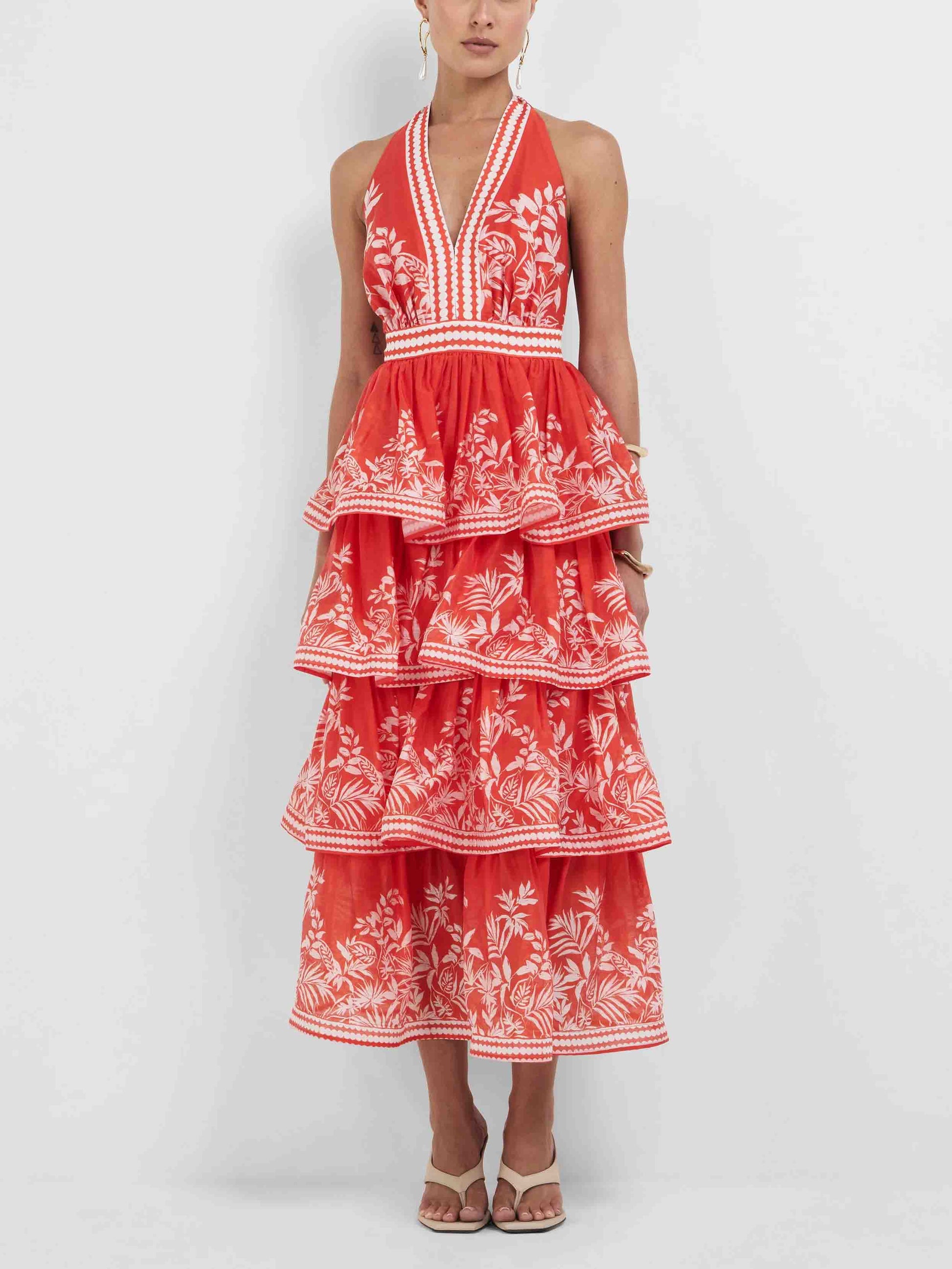 Exquisite Palm Print Layered Midi Dress Red