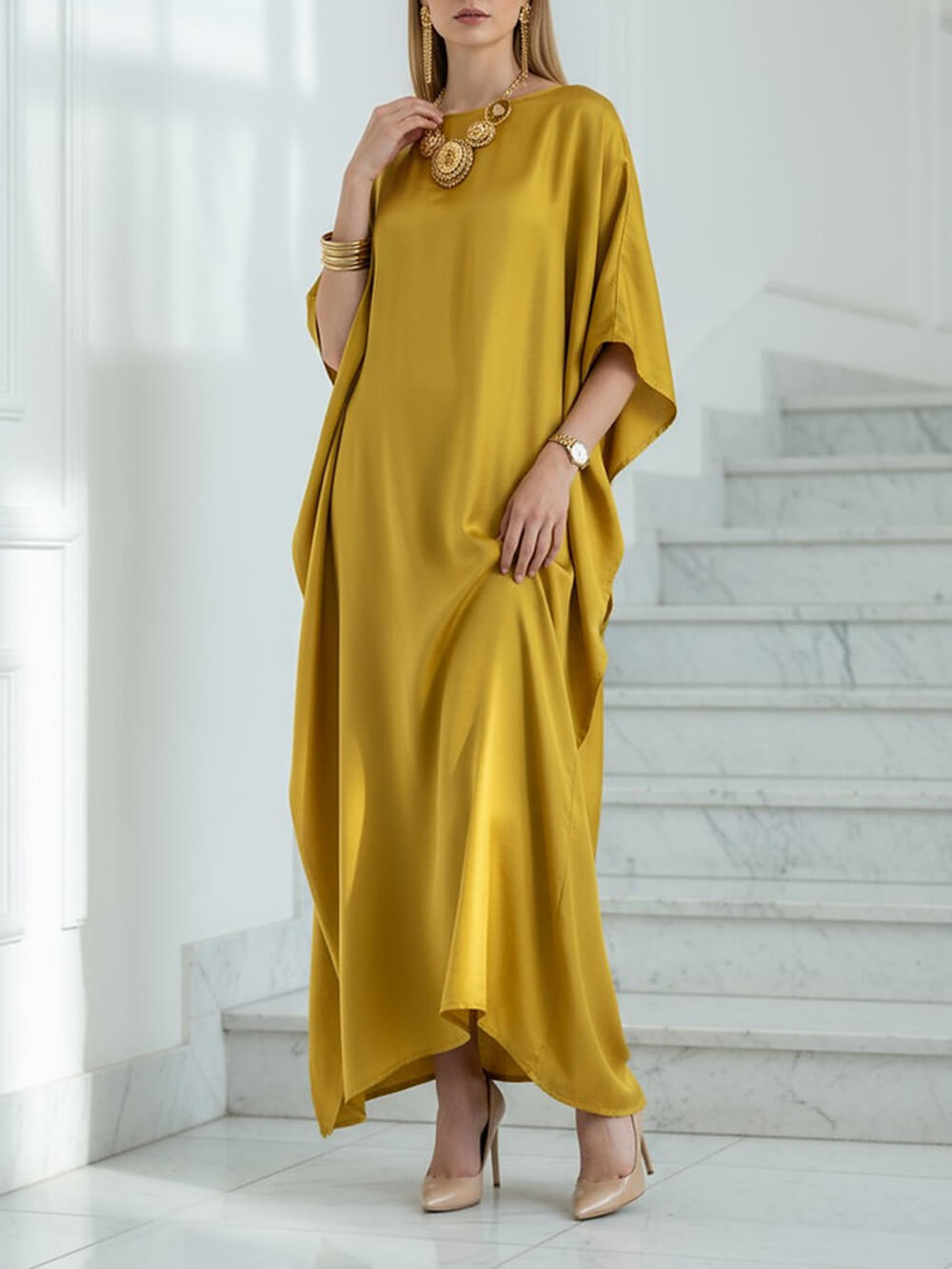 Bohemian Satin Kimono Maxi Dress Gold