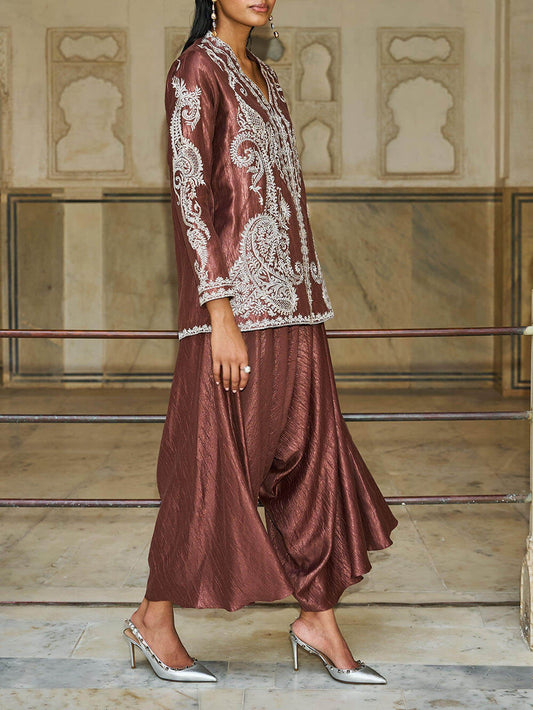 Unique Paisley Pattern V-Neck Loose Top And Pleated Harem Wide-Leg Pants Set